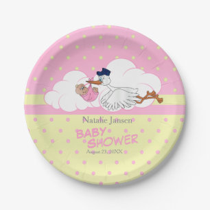 Stork with a Cute Little Baby Girl Paper Plate