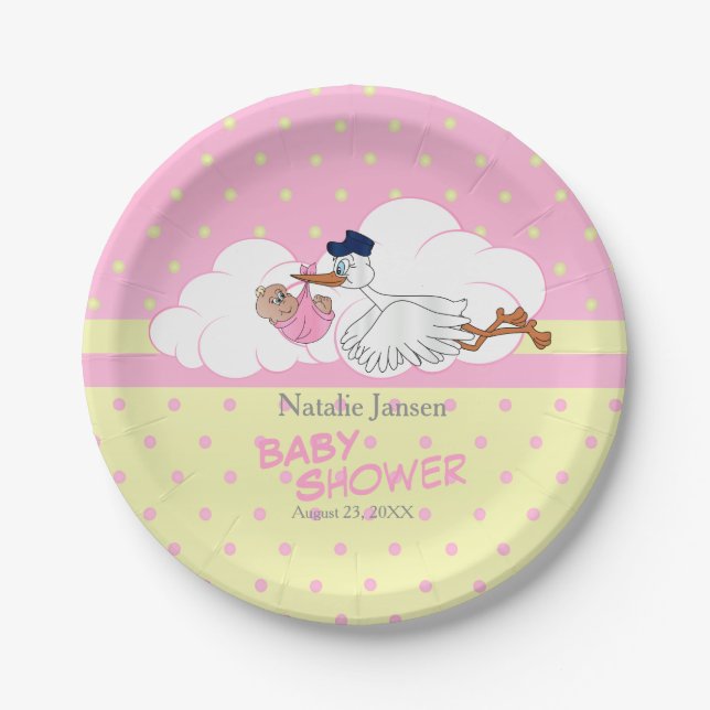 Stork with a Cute Little Baby Girl Paper Plate (Front)