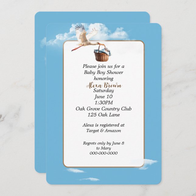 Stork With Baby Boy In Basket Invitation (Front/Back)