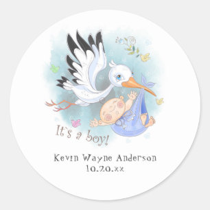 Stork with Baby Boy in Blue Announcement Classic Round Sticker