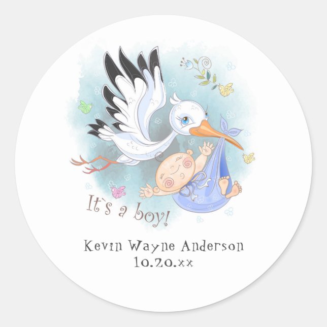 Stork with Baby Boy in Blue Announcement Classic Round Sticker (Front)