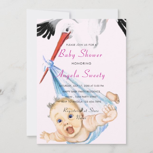Stork with Baby Funny Shower Invitation (Front)