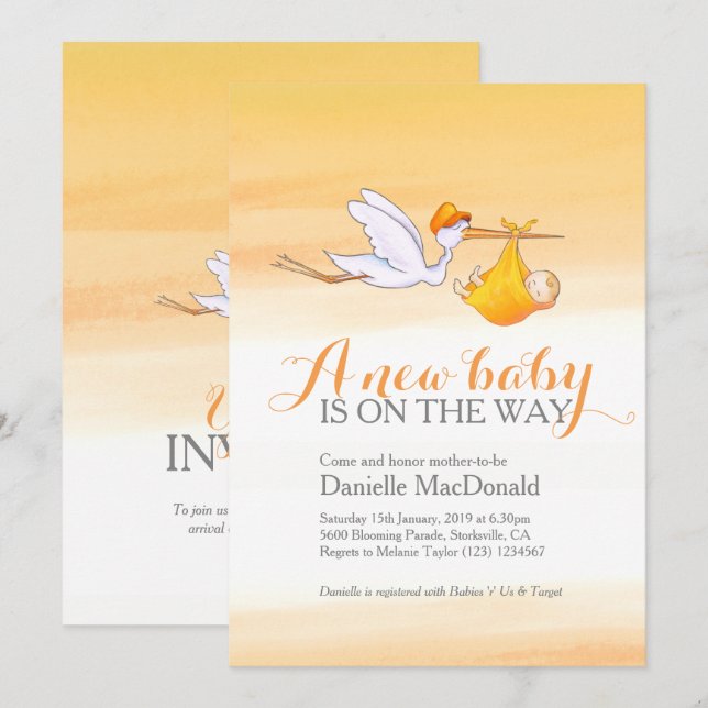 Stork with baby new baby shower invitations (Front/Back)