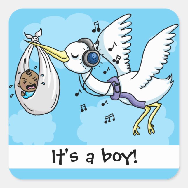 Stork with headphones its a boy square sticker (Front)