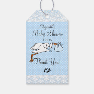 Stork with Lace Blue Baby Shower Guest Favour Gift Tags
