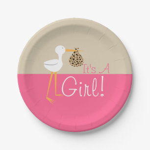 Stork With Leopard Bundle Girl Baby Shower Paper Plate