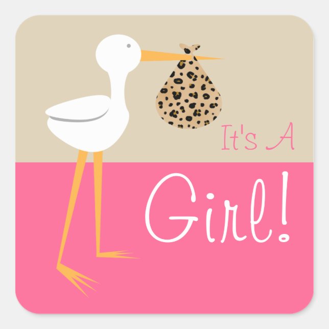 Stork With Leopard Print Bundle It's A Girl Square Sticker (Front)