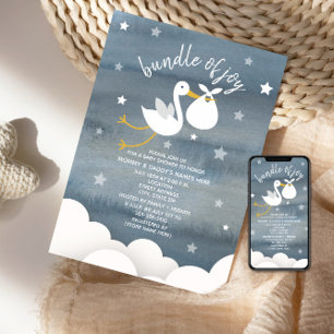 Stork With White Bundle Stars Baby Shower Invitation