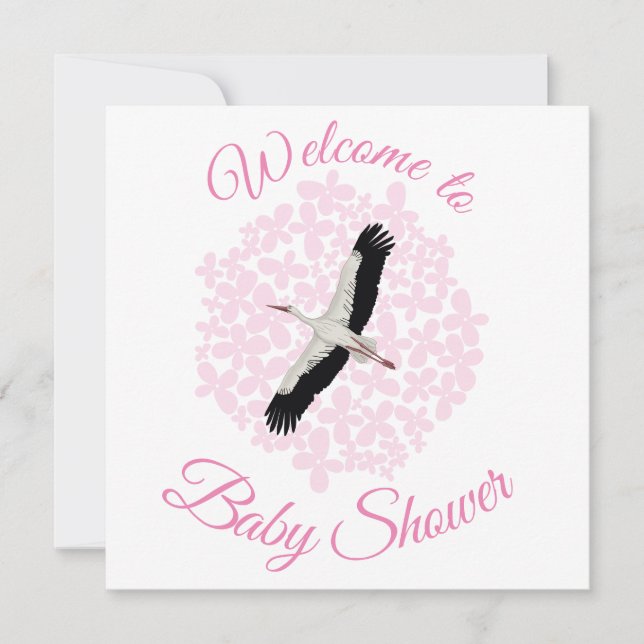 Storks and pink flowers Welcome to Baby Shower Holiday Card (Front)