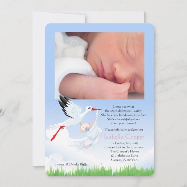 Stork's Early Delivery Photo Post Baby Shower Girl Invitation (Front)