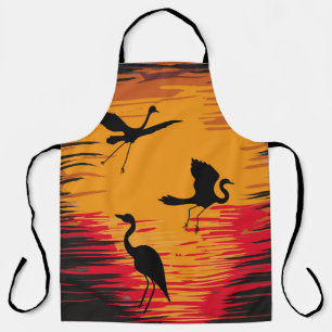 Storks Sunset Silhouette: Colourful Vintage Backdr Apron