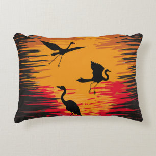 Storks Sunset Silhouette: Colourful Vintage Backdr Decorative Cushion
