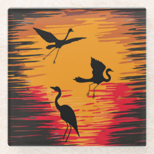 Storks Sunset Silhouette: Colourful Vintage Backdr Glass Coaster