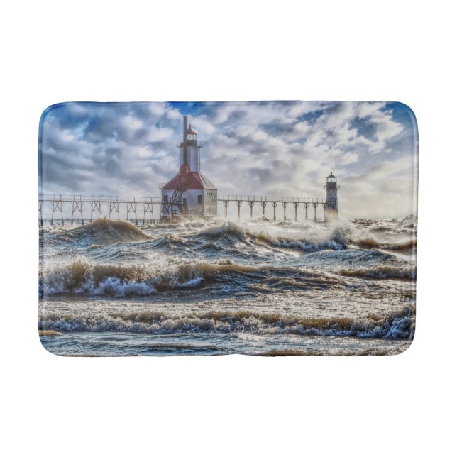 Storm At St Joseph Lighthouse Bath Mat (Front)