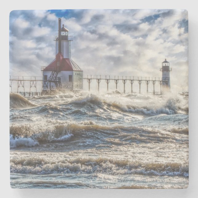 Storm At St Joseph Lighthouse Stone Coaster (Front)