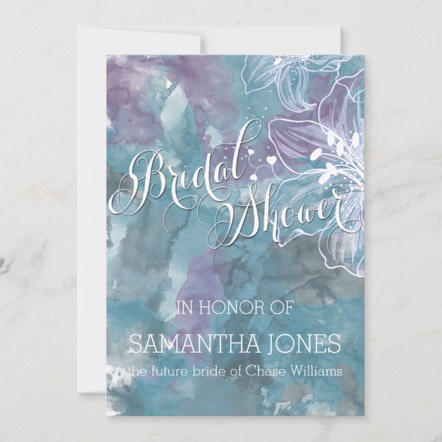 STORM BLUE WATERCOLOR HIBISCUS WEDDING INVITATION (Front)