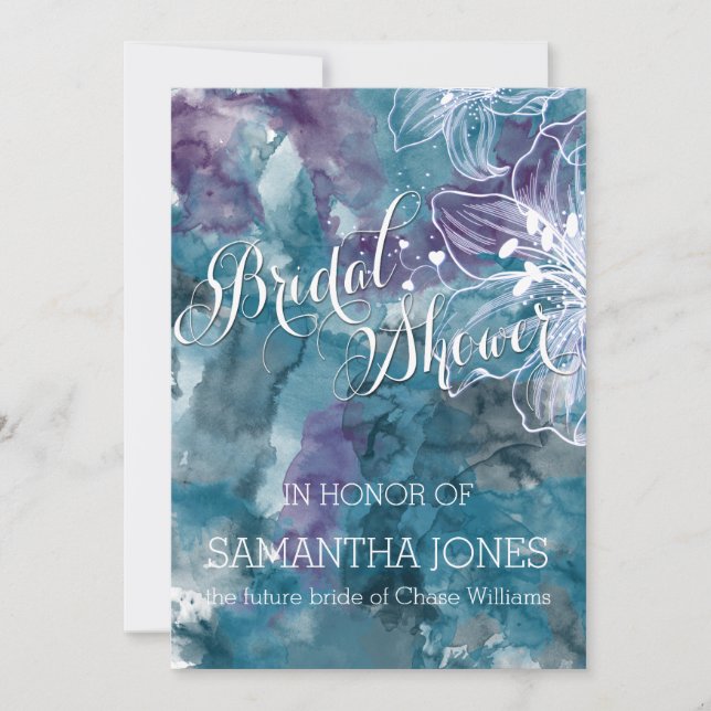 STORM BLUE WATERCOLOR HIBISCUS WEDDING INVITATION (Front)