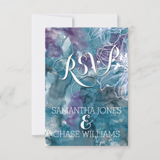 STORM BLUE WATERCOLOR HIBISCUS WEDDING RSVP CARD (Front)