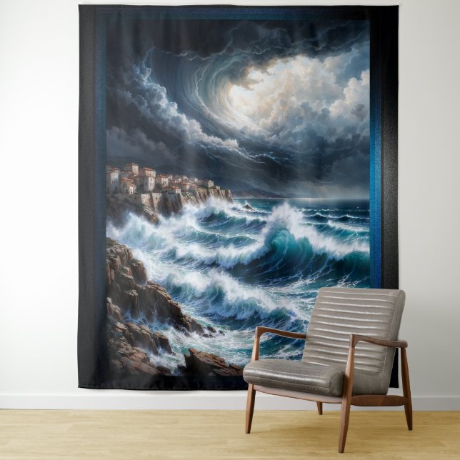 Storm By A Mediterranean Coast AI Art by Xendor7 Tapestry (In Situ)