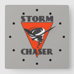 Storm Chaser Tornado and Red Triangle Square Wall Clock