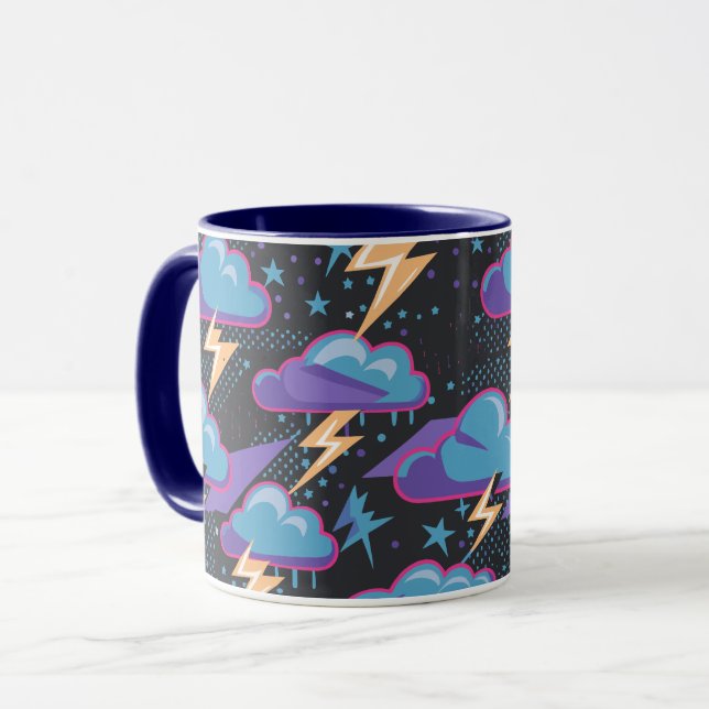 Storm Clouds, Lightning Bolts, and Stars Pattern Mug (Front Left)
