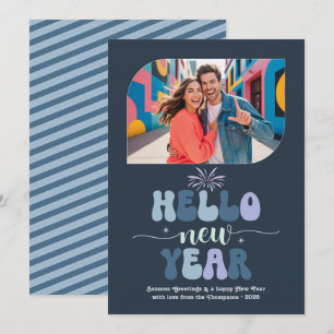 Storm Glow Hello New Year Blue Retro Photo Holiday Card