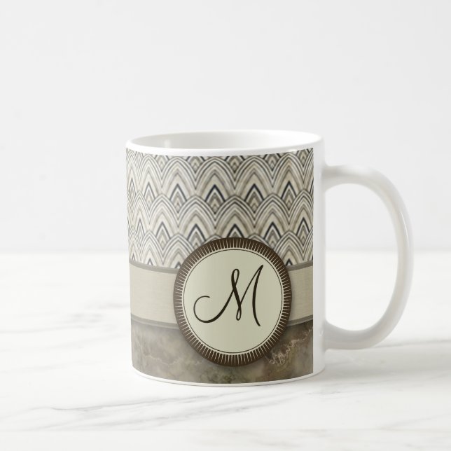 Storm Grey Feather Pattern with Monogram Coffee Mug (Right)