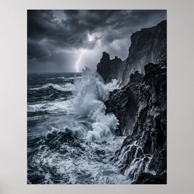 Storm Ocean Cliffs Lightning Poster (Front)