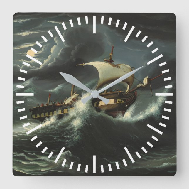 Storm Tossed Frigate by Thomas Chambers Square Wall Clock (Front)