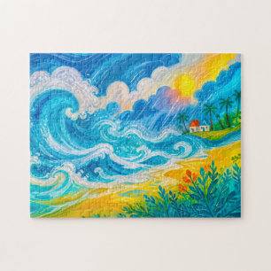 Storm waves crashing near beach house jigsaw puzzle