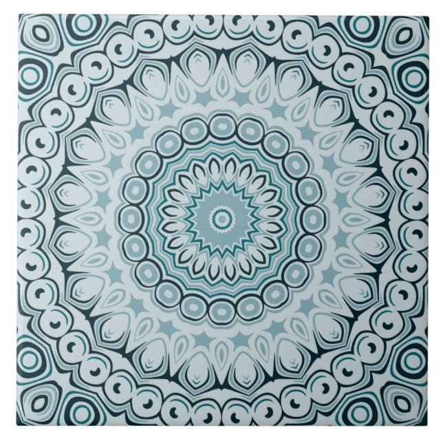 Stormy Blue and Grey Mandala Pattern Ceramic Tile (Front)