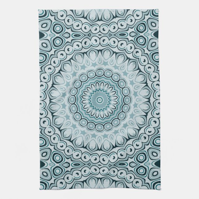 Stormy Blue and Grey Mandala Pattern Tea Towel (Vertical)