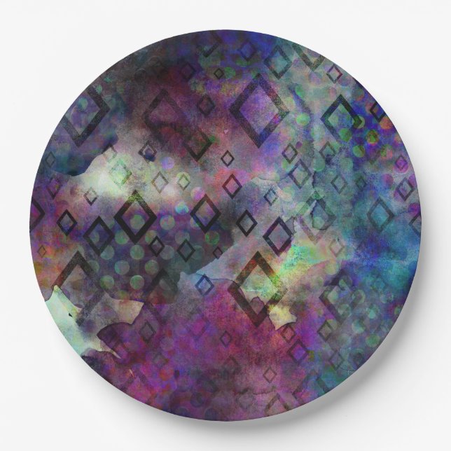 Stormy colourful watercolor abstract w/ diamonds paper plate (Front)