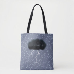 Stormy Day Thunder Cloud & Rain Customised Blue Tote Bag
