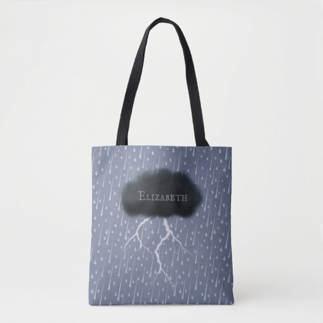 Stormy Day Thunder Cloud & Rain Customised Blue Tote Bag (Front)