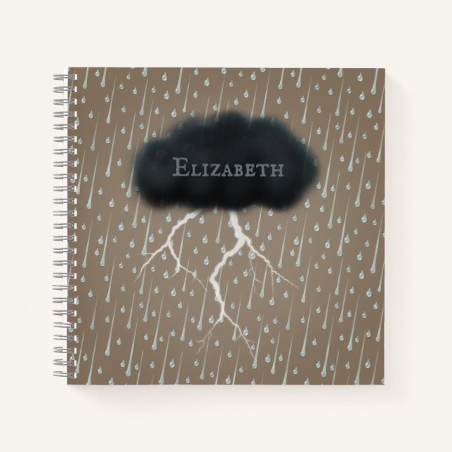 Stormy Day Thunder Cloud & Rain Customised Brown Notebook (Front)