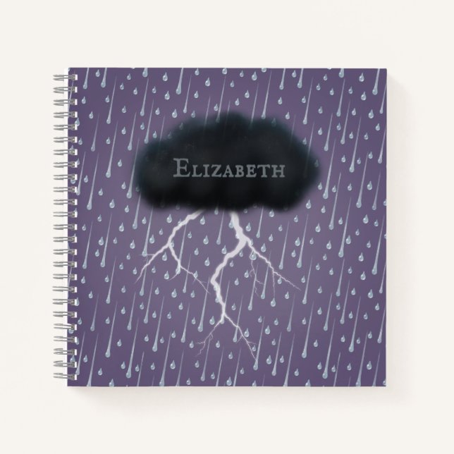 Stormy Day Thunder Cloud & Rain Customised Purple Notebook (Front)