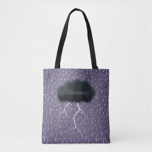 Stormy Day Thunder Cloud & Rain Customised Purple Tote Bag (Front)