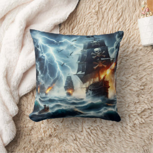 Stormy Encounter With Pirate Ships at Sea Cushion