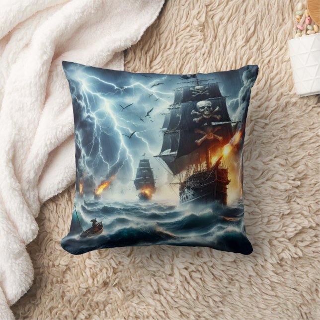 Stormy Encounter With Pirate Ships at Sea Cushion (Blanket)