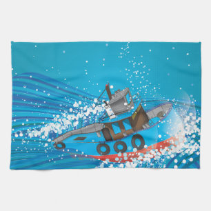 Stormy Fishing Boat Tea Towel