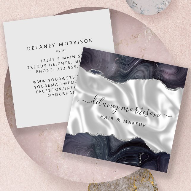 Stormy Gray Agate Silver Glitter White Luxury Square Business Card (Creator Uploaded)