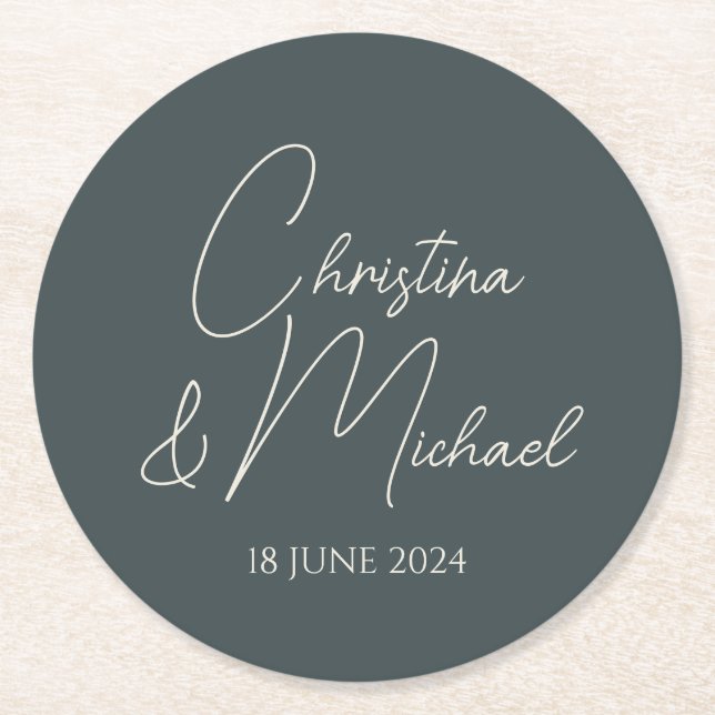 Stormy Grey • Modern Handwritten Script Round Paper Coaster (Front)