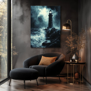 Stormy Lighthouse at Night - Charcoal Art Poster