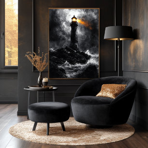 Stormy Lighthouse in Dramatic Monochrome Style Poster