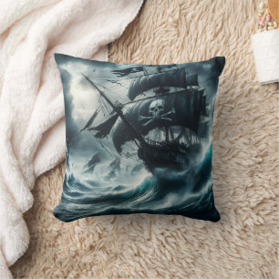 Stormy Night on a Pirate Ship Sailing the Seas Cushion