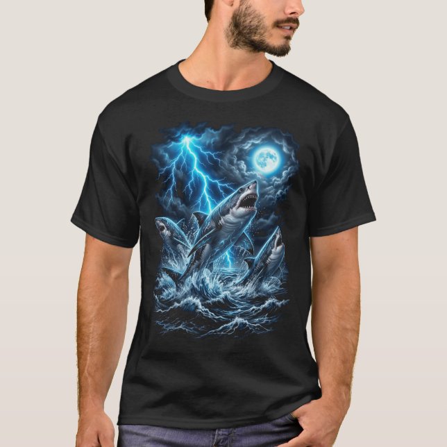 Stormy Ocean Sharks T-Shirt (Front)