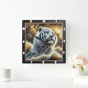 Stormy Ocean Tiger Timepiece Square Wall Clock