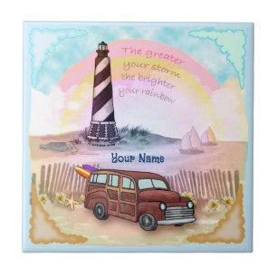 Stormy Rainbow Lighthouse Ceramic Tile