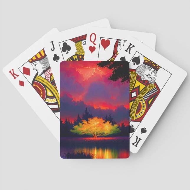 Stormy Red Clouds Above the Radiant Tree Playing Cards (Back)